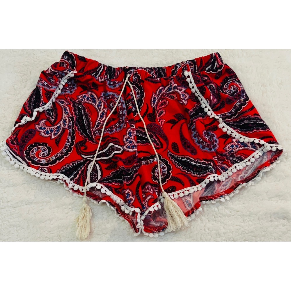 Shosho Womens Red Paisley Pom Pom Trim Tassel Boho Shorts 9SH15-01 Medium